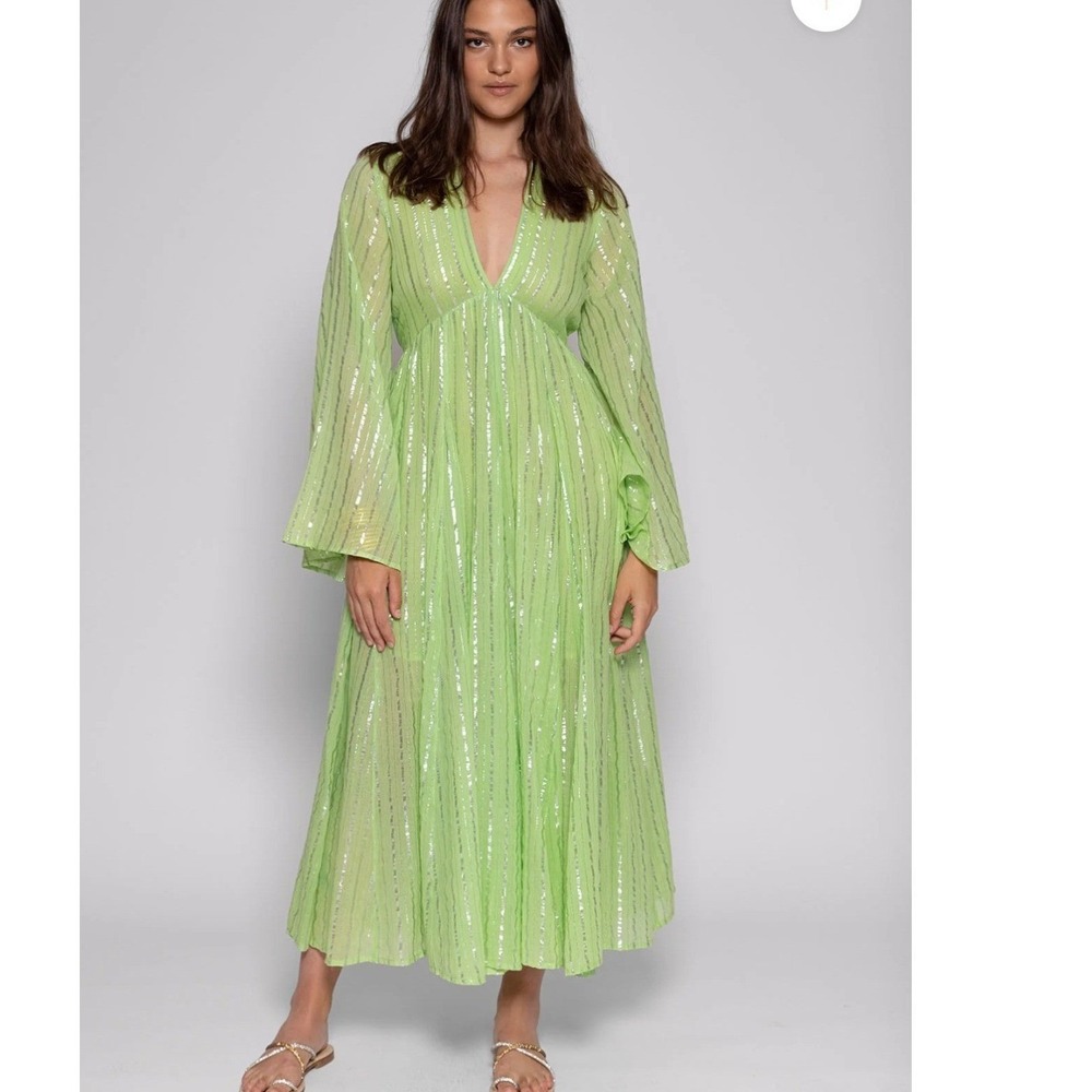 Sundress Maud Long Dress XS/S Tall NEW Athens Lime Green Metallic Stripe Maxi‎